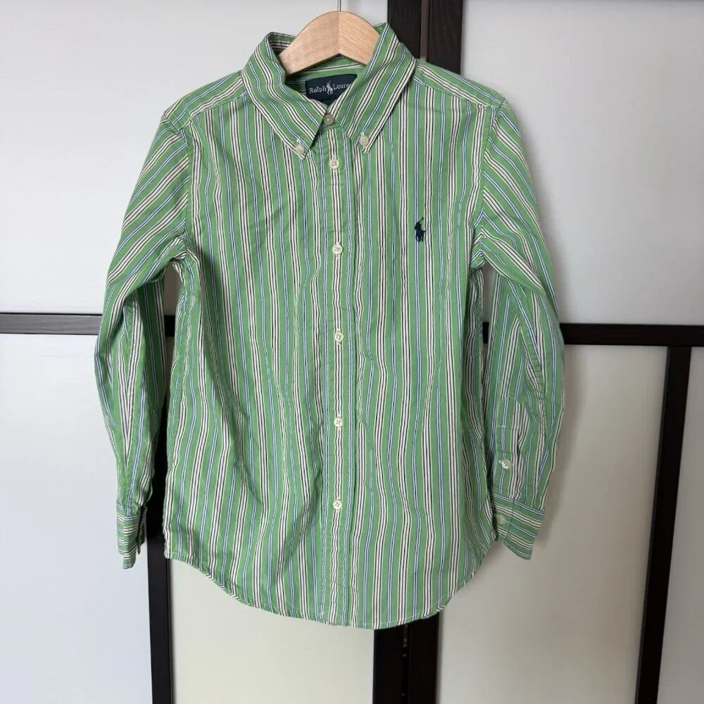 Ralph Lauren Shirt Boys Kids Size Striped Long Sleeve Green Size 6 Preppy Church